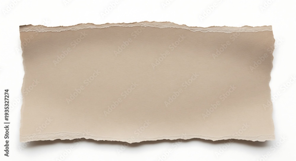Fototapeta premium A torn piece of light brown paper with rough, uneven edges, isolated on a white background.
