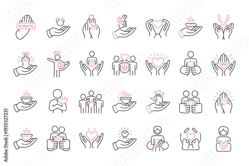 Charity line icon set, editable stroke vector icons featuring donate handshake help foundation and volunteer symbols for nonprofit and humanitarian projects.