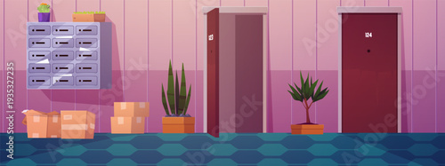 House lobby with apartment doors, vector flat hall, corridor interior potted plants, cardboard boxes and wall mail boxes