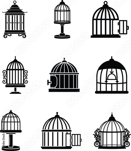 black silhouettes of various birdcages on white background
