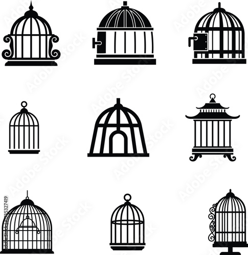 black silhouettes of various bird cages on white background