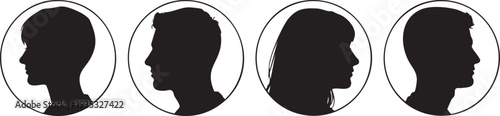 Four black silhouettes of people's heads in profile inside circles profiles