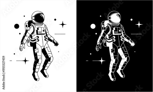 Astronaut floating in space, detailed illustration of a spaceman exploring the cosmos.