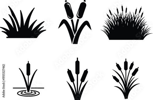 black silhouettes of various cattail plants and grasses on white background