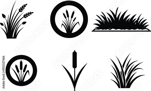 black silhouettes of various cattail and grass plants
