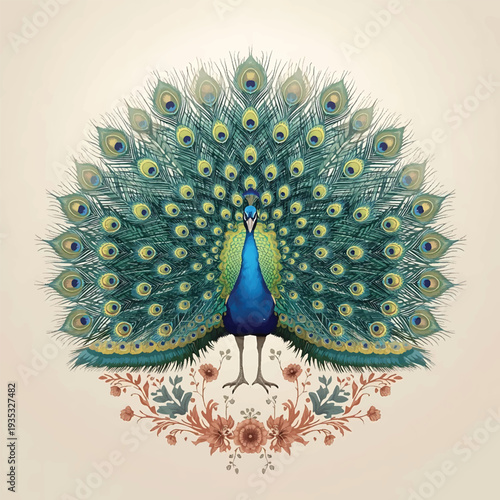 A majestic peacock displays its vibrant fully fanned plumage