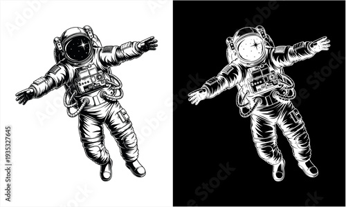 Astronaut floating in space black and white illustration.