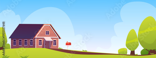 A poster featuring a summer landscape with green grass, trees, a house, a mailbox, a road,