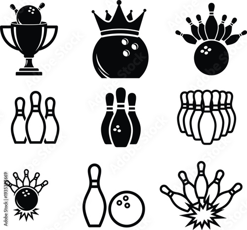 Bowling icons set with balls pins trophy and king crown