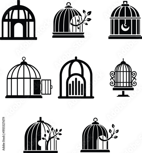 blackandwhite illustration of various birdcage designs  isolated on white background