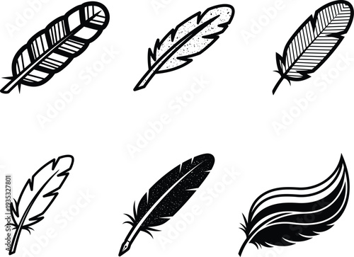 Collection of various black and white feather illustrations