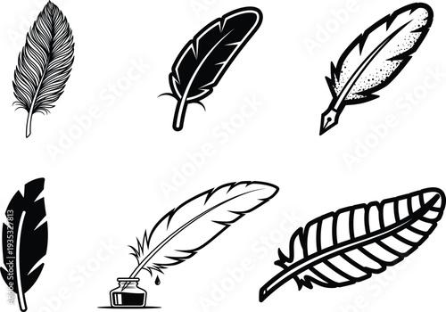 Collection of various feather illustrations in black and white