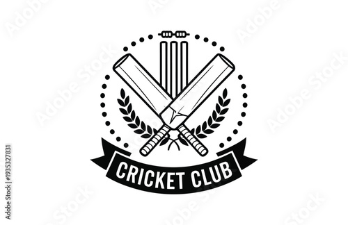 Cricket club logo design, elegant emblem featuring crossed bats and wickets, conveying tradition, athleticism, and professional sports branding for teams and merchandise.