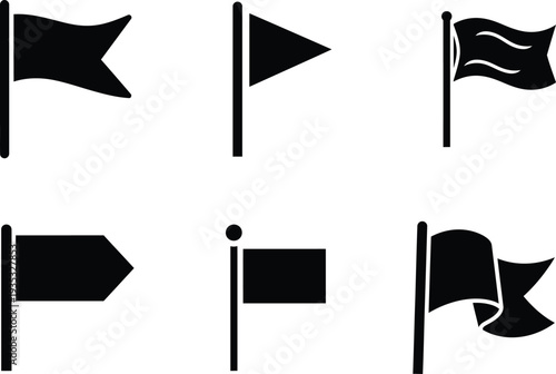 Collection of various flag icons on poles with different shapes and movements