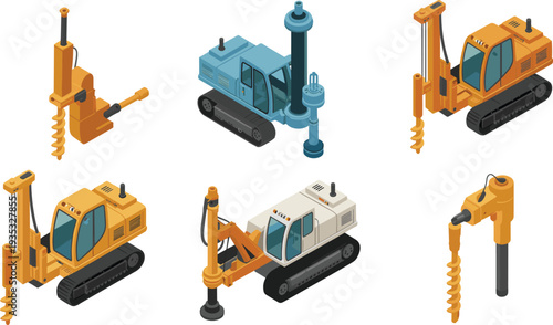 Isometric drilling machines set, construction earth auger equipment, pile driver machinery collection, foundation drilling rigs, industrial engineering vector illustration