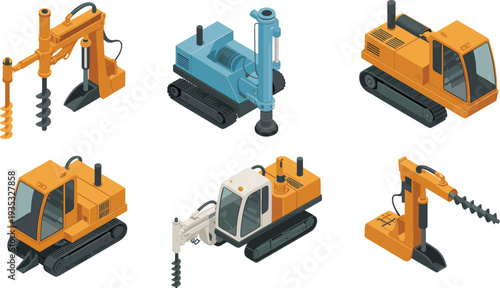 Isometric construction drilling rigs collection, earth auger machines, foundation drilling equipment, heavy engineering machinery, industrial construction vector illustration