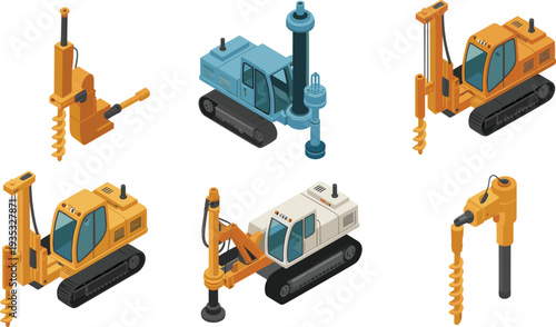 Isometric drilling machines set, construction earth auger equipment, pile driver machinery collection, foundation drilling rigs, industrial engineering vector illustration