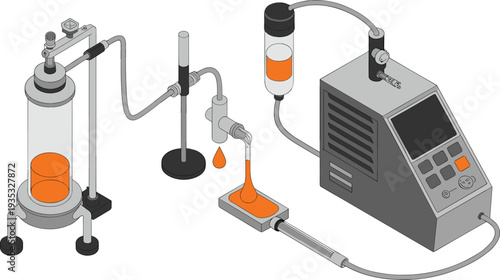 Laboratory distillation apparatus illustration, chemical experiment equipment, scientific process machine, orange liquid reaction system, industrial lab technology diagram vector schematic