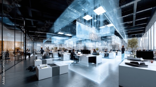 Office Interior: A modern office space, bathed in cool tones and sleek design, showcases the interplay of technology and collaborative work.