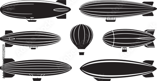 Collection of vintage airships and hot air balloon silhouettes isolated design