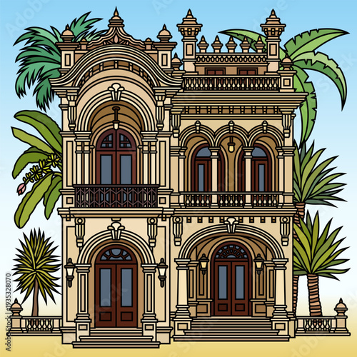 Flat line art vector illustration of tropical colonial buildings and palm trees. Vintage Mediterranean architecture facade with ornate details and balconies on blue sky background.