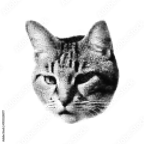 Black and white halftone cat head isolated on Transparent Background