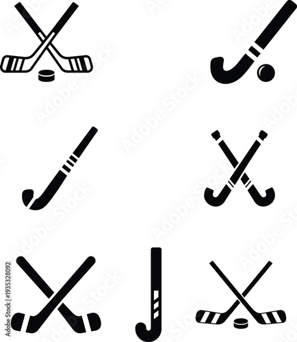 Hockey sticks and balls icons for sports equipment and games