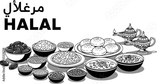 Halal food set with dates rice bowls and traditional Arabic lanterns for Ramadan Kareem Iftar dinner party celebration black white vector