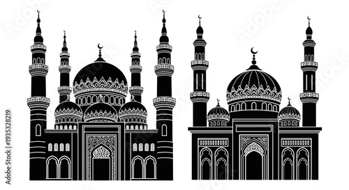 Intricate architectural designs of grand mosques with domes and minarets in black and white illustration Vector, illustration