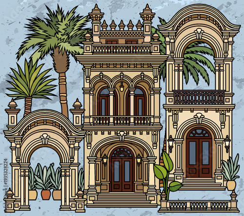 Flat line art vector illustration of tropical colonial buildings and palm trees. Vintage Mediterranean architecture facade with ornate details and balconies on blue sky background.