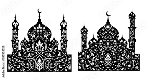 Intricate black and white silhouettes of islamic architectural domes and minarets Vector, illustration