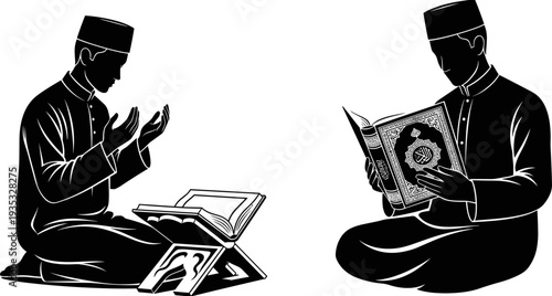 Muslim man silhouette reading holy Quran and praying on prayer rug during Ramadan Kareem celebration for Islamic religious concept vector illustration.