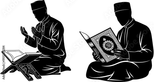 Muslim man silhouette reading holy Quran and praying on prayer rug vector illustration for Ramadan Kareem and Islamic religious festival concept