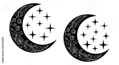 Dual crescent moons adorned with star constellations in a symmetrical black and white design Vector, illustration