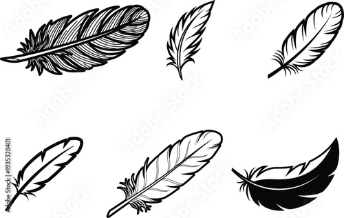 set of realistic feather illustrations in black and white