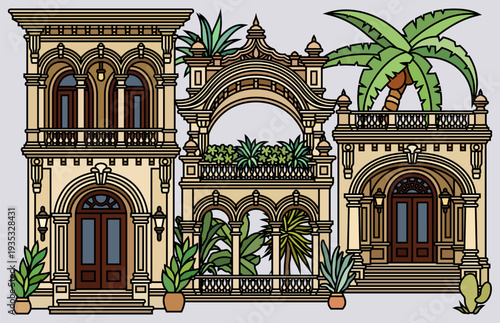 Flat line art vector illustration of tropical colonial buildings and palm trees. Vintage Mediterranean architecture facade with ornate details and balconies on blue sky background.
