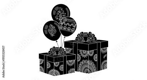 Elegant black gift boxes and balloons arranged for a sophisticated celebration. Vector, illustration