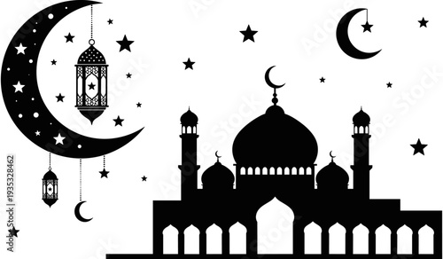 Islamic mosque silhouette with crescent moon and hanging lanterns, starry night sky background, ramadan kareem celebration, religious festival black white vector illustration.