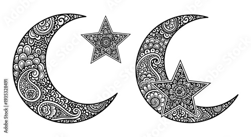 Intricate crescent moons with a star symbol in ornate traditional design patterns Vector, illustration