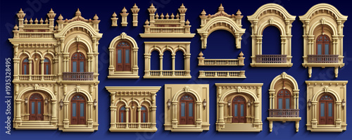 Paper cut style vector construction kit of colonial architecture. Set of isolated architectural elements, windows, doors, balconies and facades in 3D layered paper art craft.