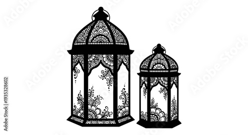 Elegant intricately designed metal lanterns placed side by side in monochrome. Vector, illustration