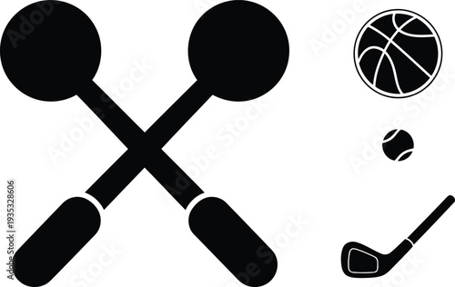 Sports equipment icons including dumbbells golf club tennis ball basketball