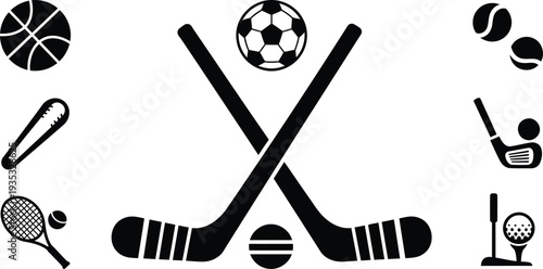 Sports icons with balls and bats on white background