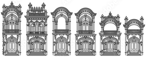 Black and white line art vector construction kit of colonial architecture. Set of isolated architectural elements, ornate windows, doors and facades. Coloring book page architectural details.
