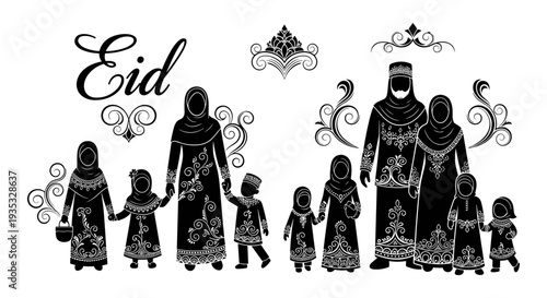 Celebrating a joyful eid gathering with family in traditional attire. Vector, illustration