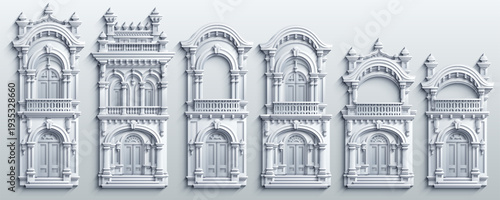 White paper cut vector set of colonial building facades. Minimalist 3D architectural elements with soft shadows, ornate windows and doors. Bas-relief style isolated on white.