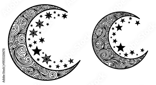 Intricate crescent moons adorned with celestial and geometric patterns in monochrome design Vector, illustration