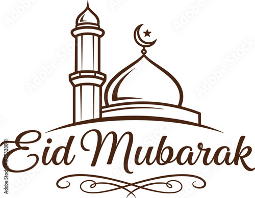 Eid Mubarak greeting with mosque dome and minaret silhouette illustration, Islamic festive celebration vector background, religious holiday poster design, spiritual moon.