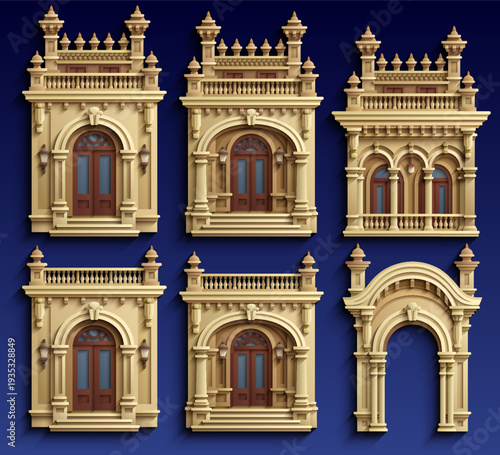 Paper cut style vector construction kit of colonial architecture. Set of isolated architectural elements, windows, doors, balconies and facades in 3D layered paper art craft.