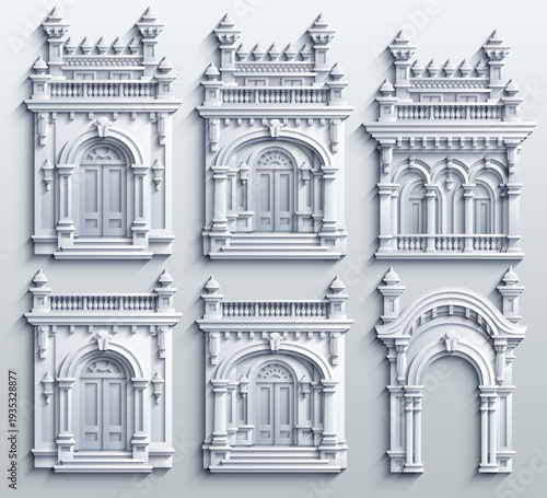 White paper cut vector set of colonial building facades. Minimalist 3D architectural elements with soft shadows, ornate windows and doors. Bas-relief style isolated on white.